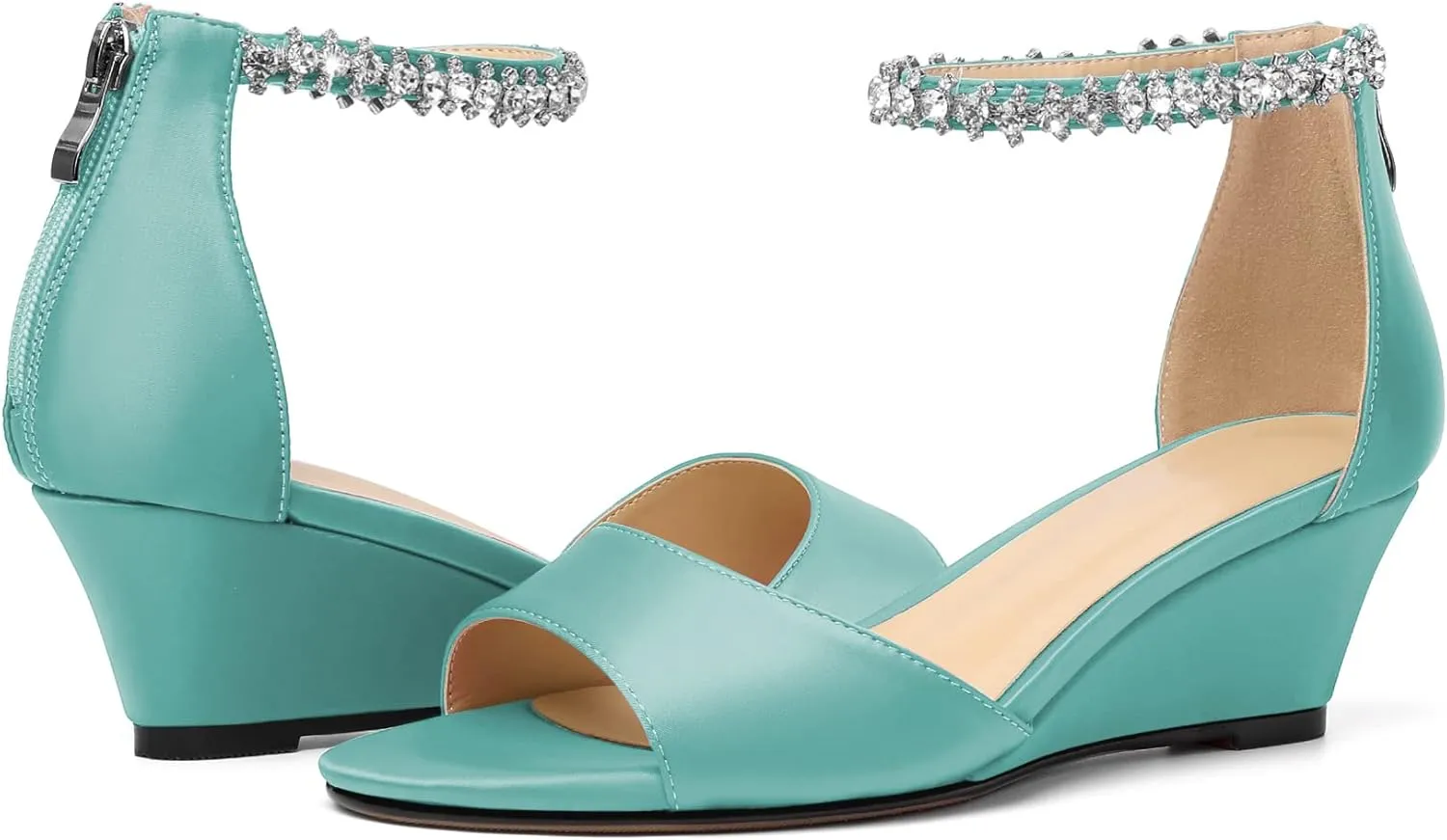 AUMOTED Women Wedge Sandals Peep Open Toe Mid Low Heel Slip-on Slingback Double Elastic Band Heeled Dress Summer Shoes 2 Inch
