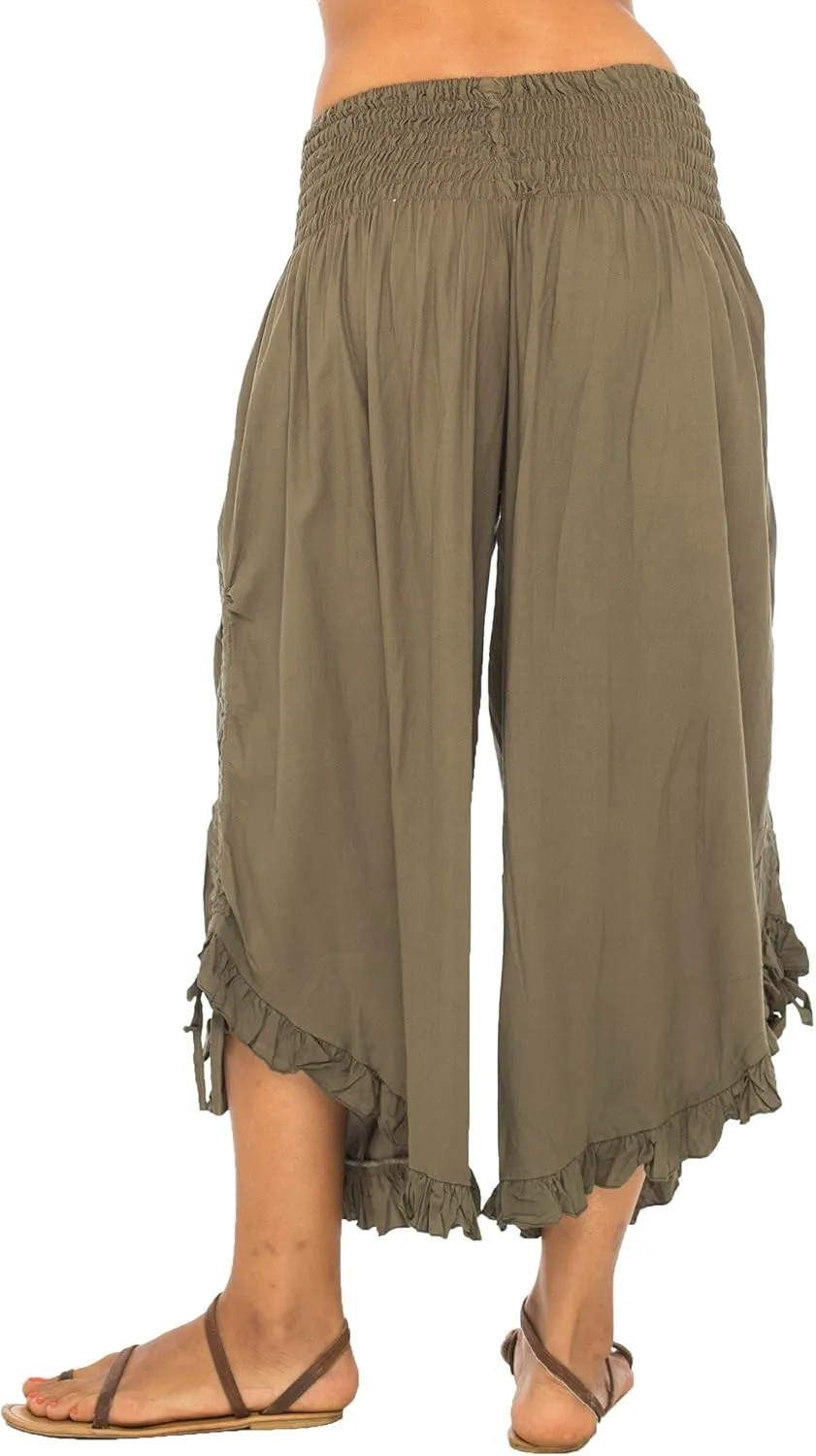 Back From Bali Womens Cropped Wide Leg Pants Trouser Comfort Solid Elastic Waist (S-4XL)