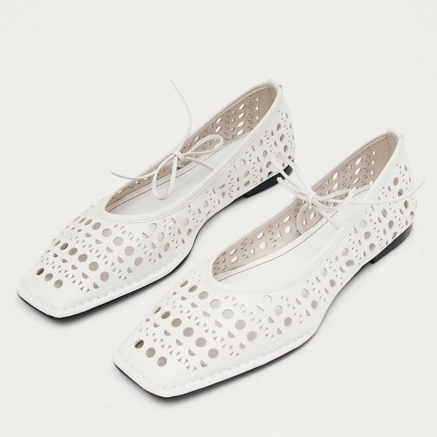Ballet Flats for Women Lace Up Square Toe Mary Jane Flats Cute Bow Mesh Ballerina Flat Shoes