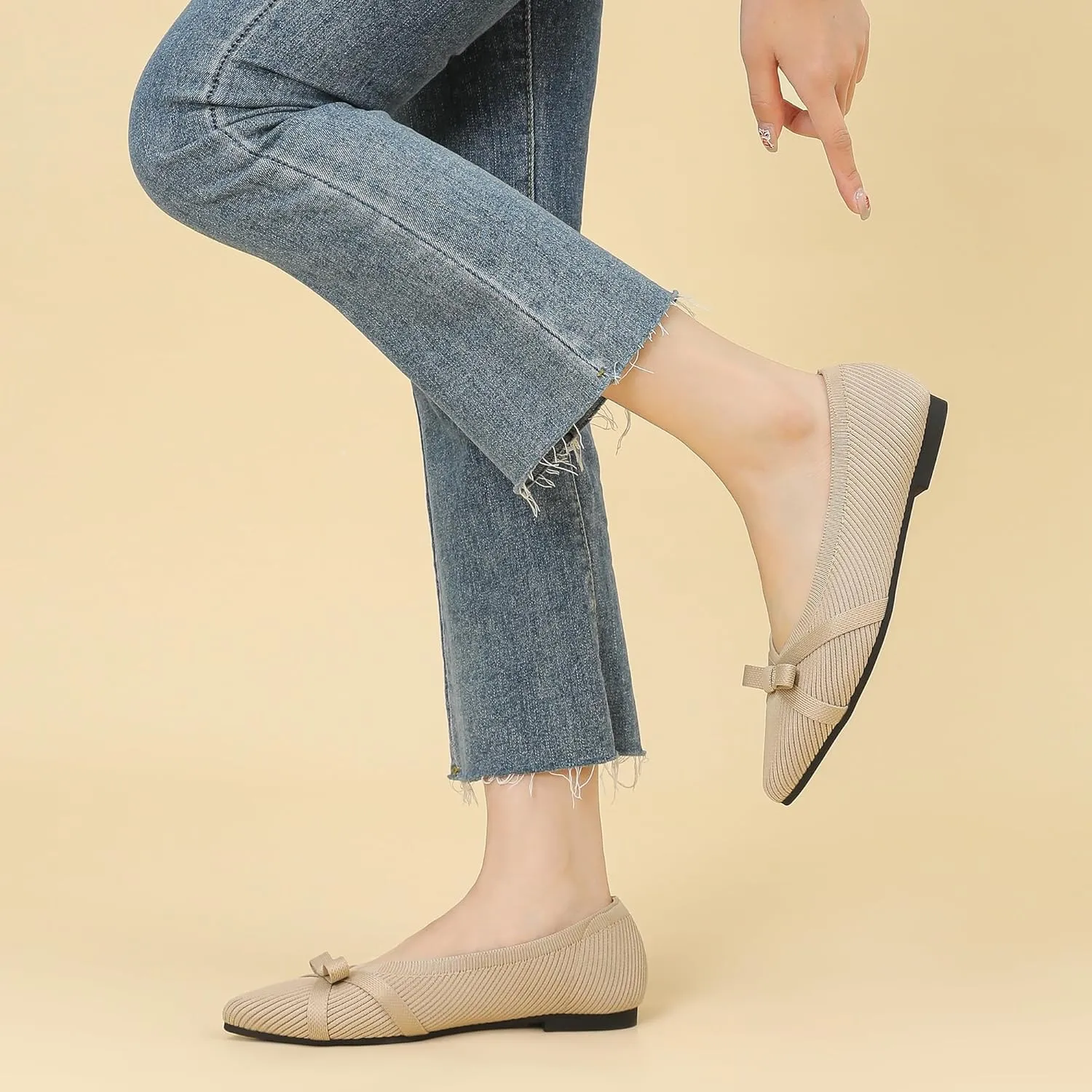 Ballet Flats Shoes for Women - Comfortable Casual Dressy Classic Softable Pointed Toe Bow Knit Work Office Shoe