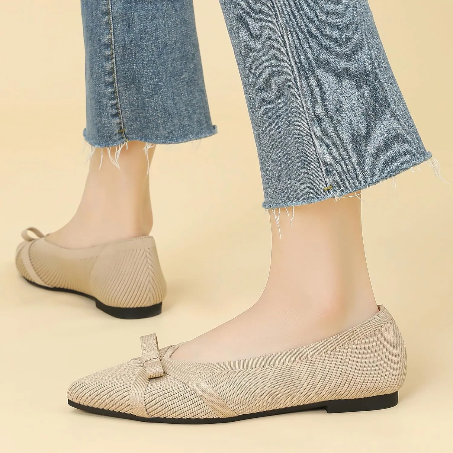 Ballet Flats Shoes for Women - Comfortable Casual Dressy Classic Softable Pointed Toe Bow Knit Work Office Shoe