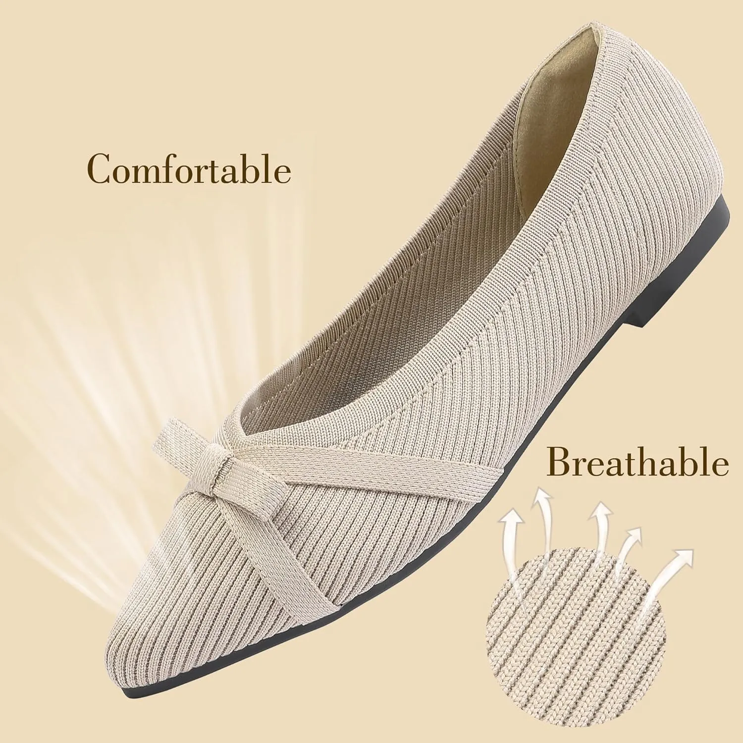 Ballet Flats Shoes for Women - Comfortable Casual Dressy Classic Softable Pointed Toe Bow Knit Work Office Shoe