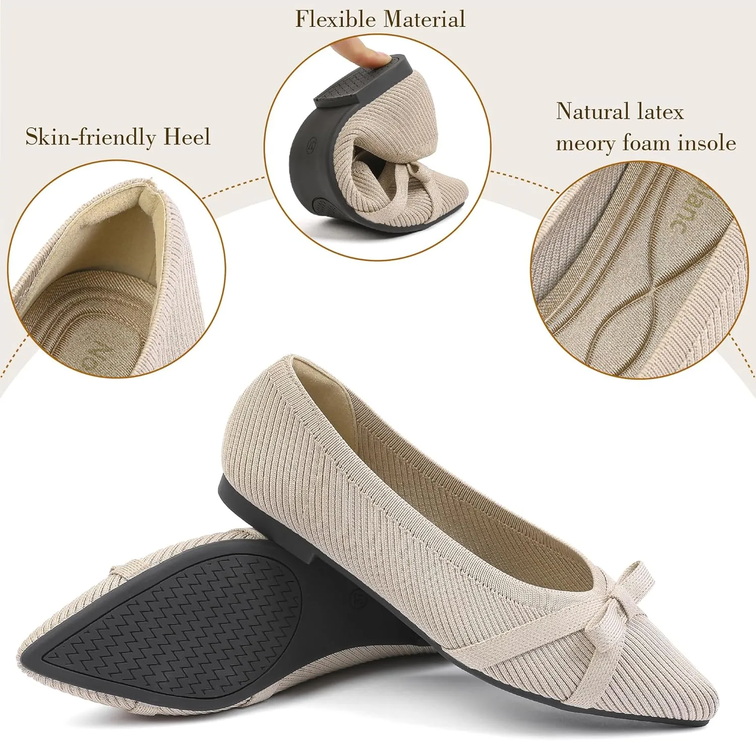 Ballet Flats Shoes for Women - Comfortable Casual Dressy Classic Softable Pointed Toe Bow Knit Work Office Shoe