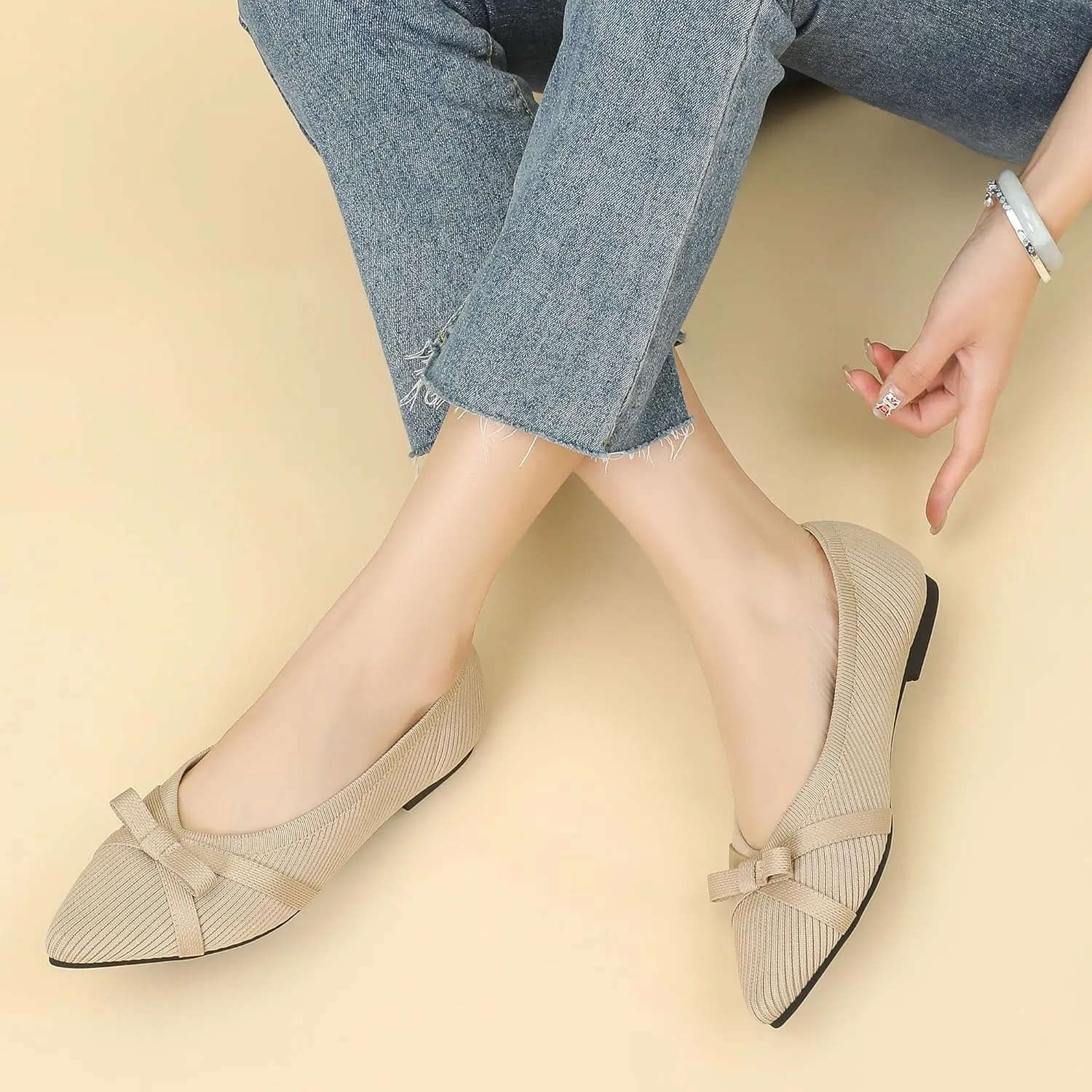 Ballet Flats Shoes for Women - Comfortable Casual Dressy Classic Softable Pointed Toe Bow Knit Work Office Shoe