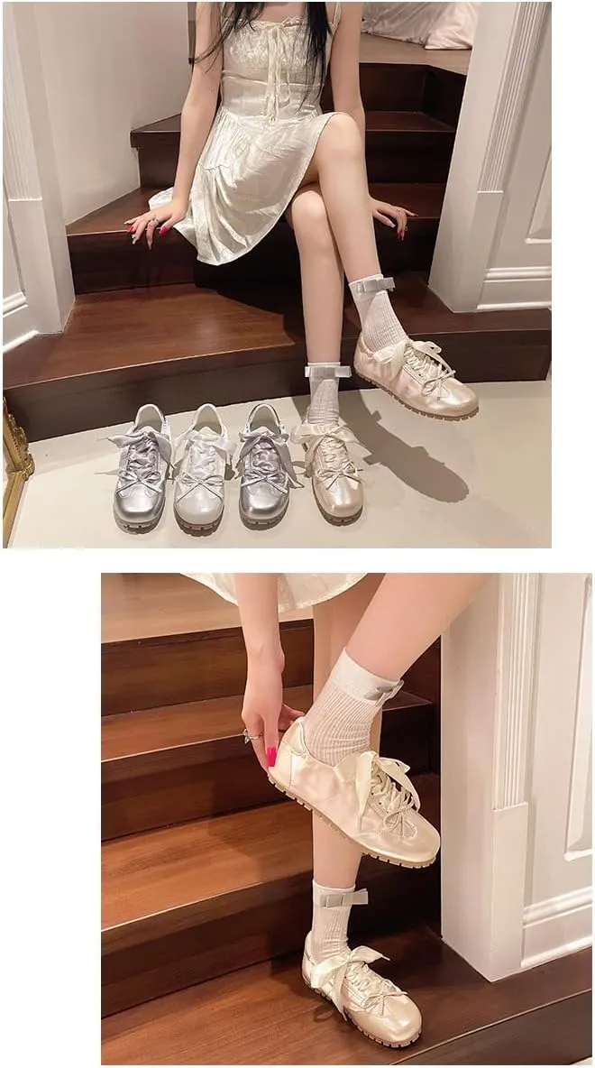Ballet Sneakers for Women Round Toe Sneakerina Shoes Flats with Bows Satin Cute Y2K Retro Kawaii Elegant Dressy Fashion Trendy Tennis Trainers Gifts for Daughter Back to School Spring Summer Outdoors