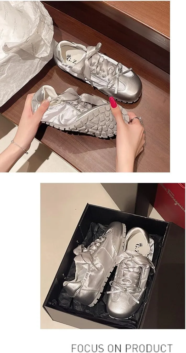 Ballet Sneakers for Women Round Toe Sneakerina Shoes Flats with Bows Satin Cute Y2K Retro Kawaii Elegant Dressy Fashion Trendy Tennis Trainers Gifts for Daughter Back to School Spring Summer Outdoors