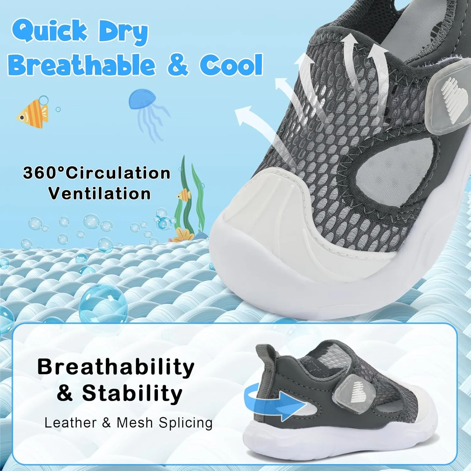 BARERUN Toddler Water Shoes Boys Girls Qucik Dry Breathable Kids Water Shoes Wide Adjustable Instep Water Sandals for Beach Swim Pool Non Slip Flexible Barefoot Sport Aqua Shoes