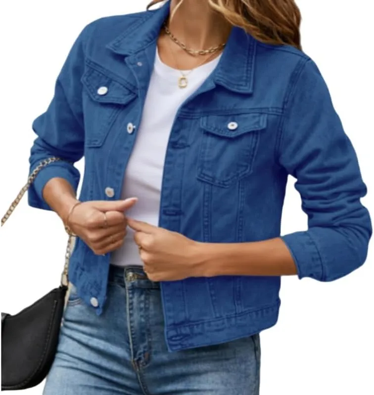 Basic Denim Jacket Women Trendy Distressed Jean Jackets Coat Button Up Vintage Western Trucker Outwear with Pockets