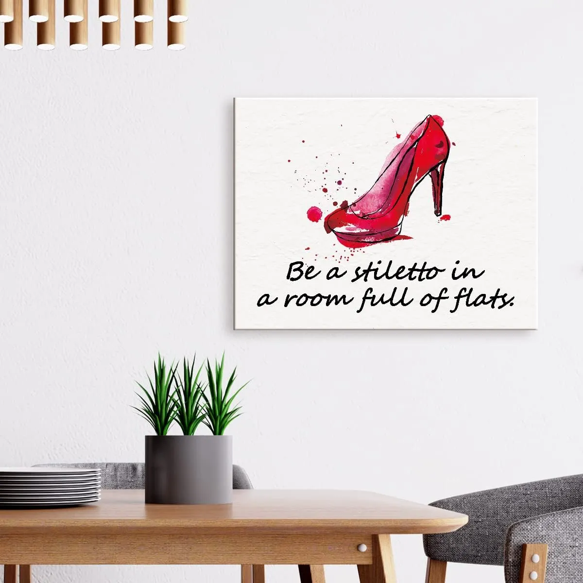Be a Stiletto in a Room Full of Flats Quote Canvas Framed Wall Art, Red Woman High Heels Fashion Canvas Framed Print for Girls Women Bedroom Dorm Bathroom Wall Decor 15" x 12"