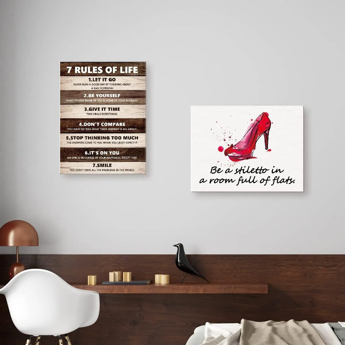 Be a Stiletto in a Room Full of Flats Quote Canvas Framed Wall Art, Red Woman High Heels Fashion Canvas Framed Print for Girls Women Bedroom Dorm Bathroom Wall Decor 15" x 12"