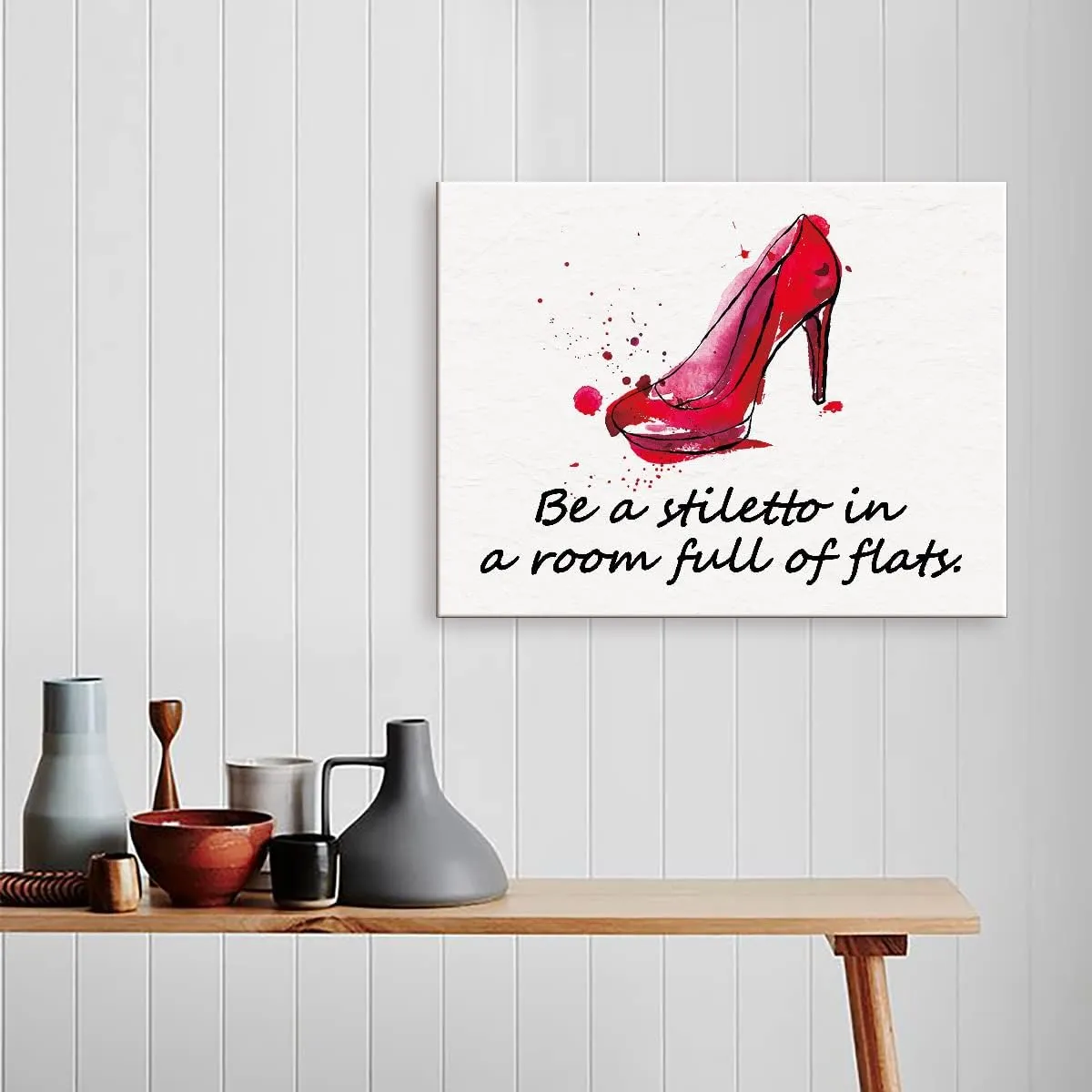 Be a Stiletto in a Room Full of Flats Quote Canvas Framed Wall Art, Red Woman High Heels Fashion Canvas Framed Print for Girls Women Bedroom Dorm Bathroom Wall Decor 15" x 12"