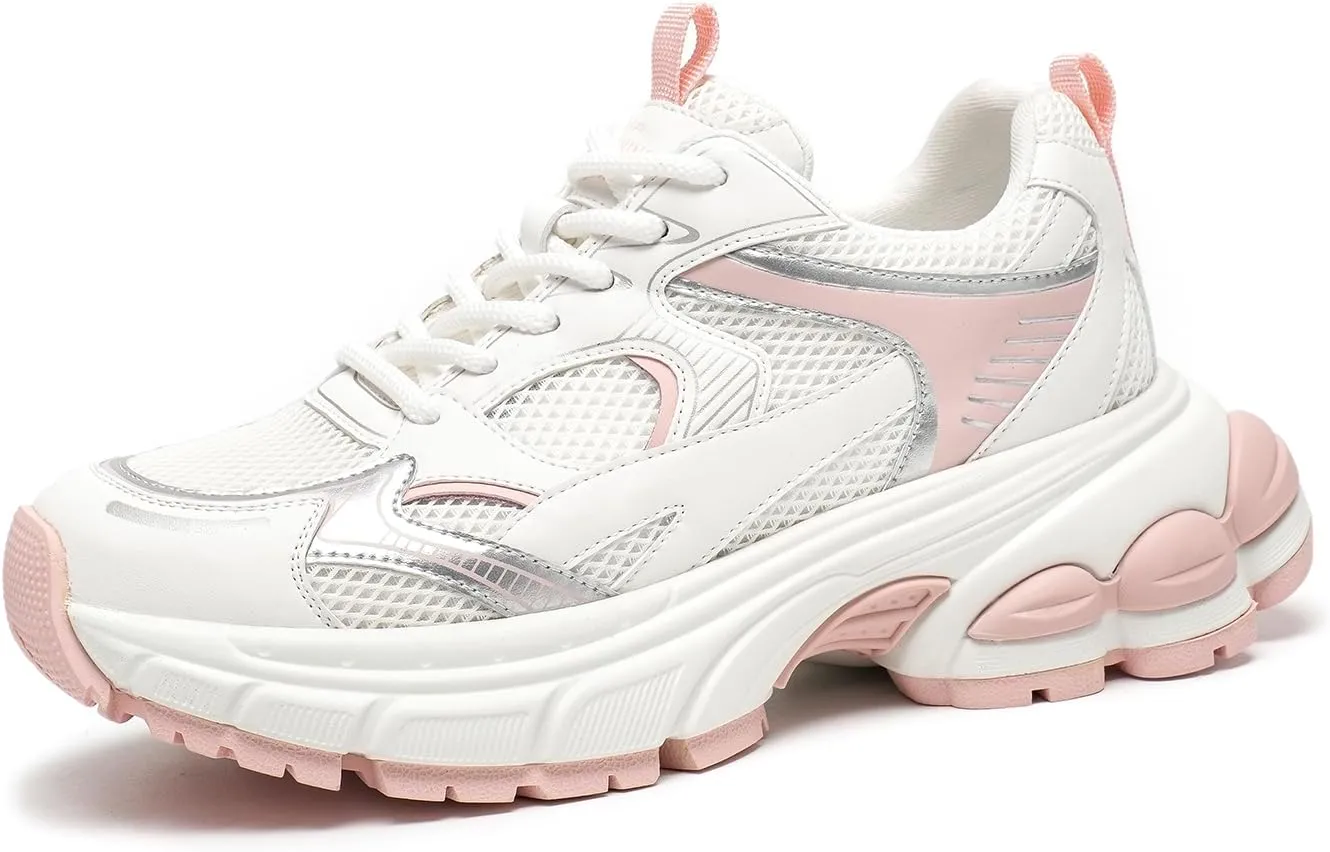 BEAU TODAY Womens Walking Shoes Fashion Platform Chunky Sneakers for Women Lace-up Casual Mesh Breathable Running Tennis Trendy Athletic Sneakers