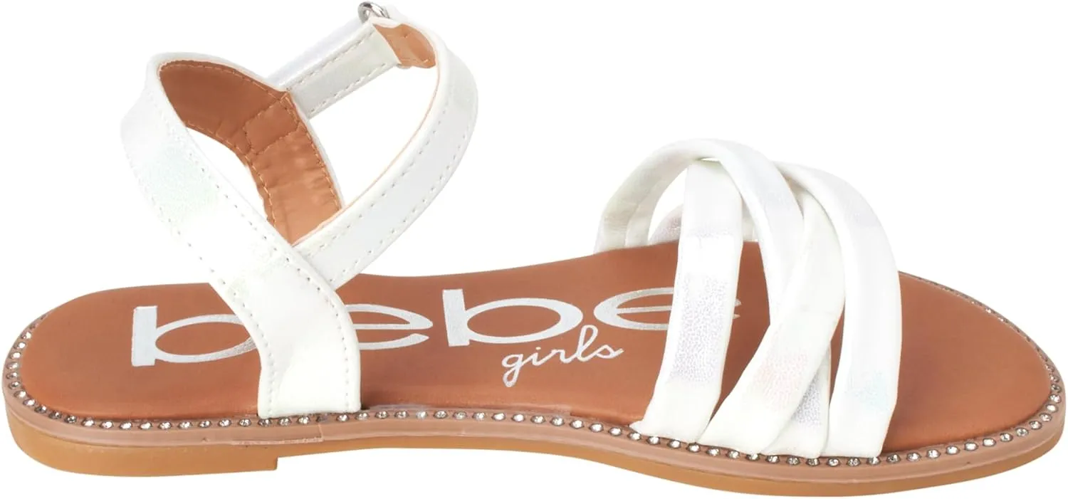 bebe Girls' Sandals - Two Strap Open Toe Flat Dress Sandals with Heart Accent, Easter Summer Shoes for Little and Big Girls