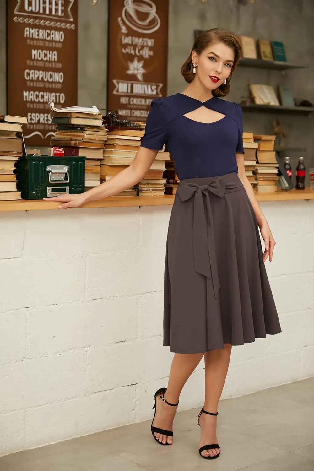 Belle Poque Women's High Waist A-Line Pockets Skirt Skater Flared Midi Skirt Vinage Skirt