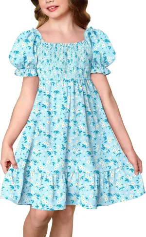 BesserBay Girls Summer Puff Sleeve Square Neck Smocked Ruffle Trim Flowy Midi Dress 4-14 Years