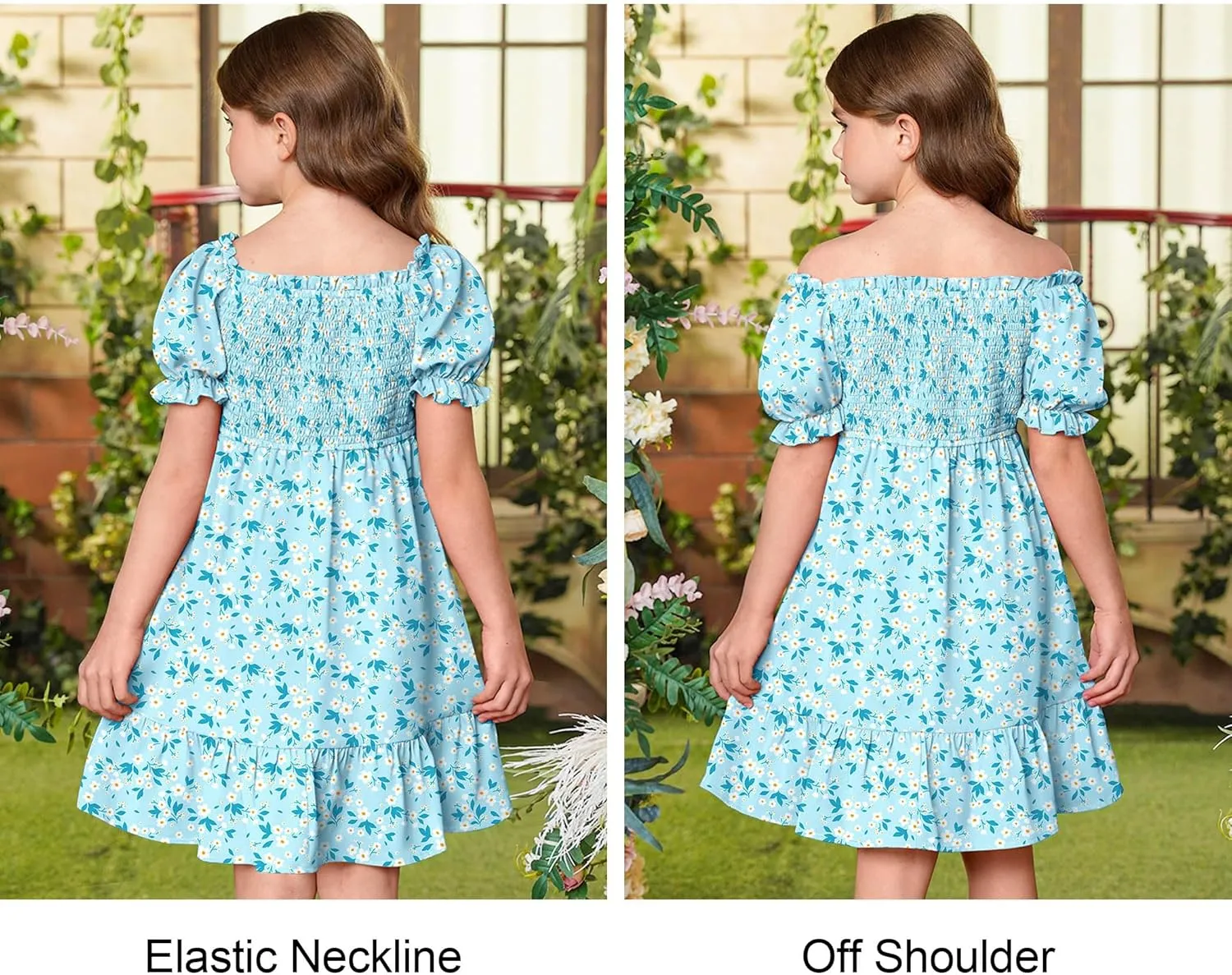 BesserBay Girls Summer Puff Sleeve Square Neck Smocked Ruffle Trim Flowy Midi Dress 4-14 Years