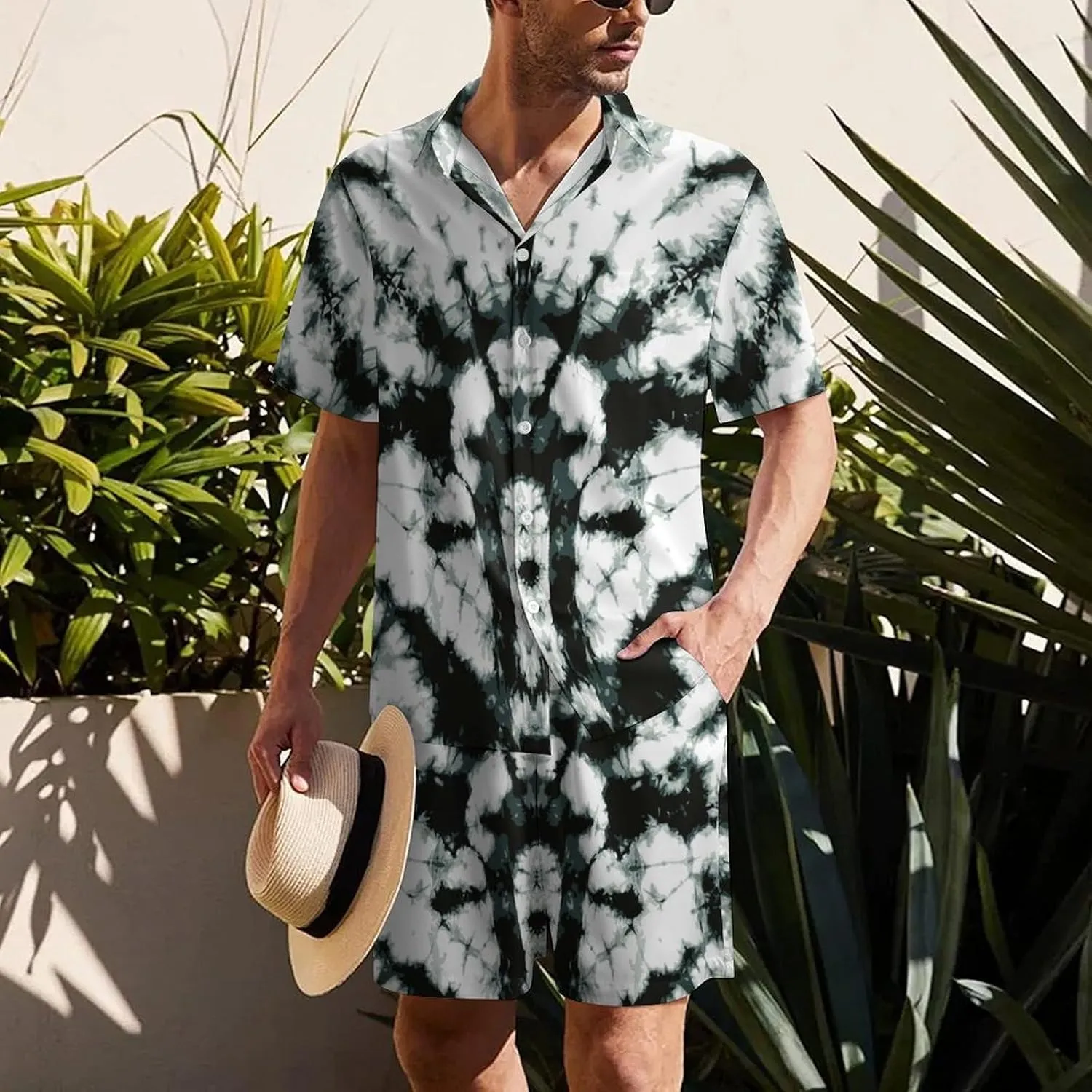 Black Gray Color Tie DyeMen's Two-piece Casual Short-sleeved Shirt Summer Loose Vacation Suit