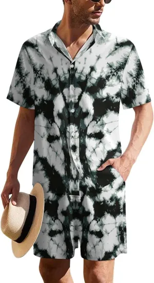 Black Gray Color Tie DyeMen's Two-piece Casual Short-sleeved Shirt Summer Loose Vacation Suit