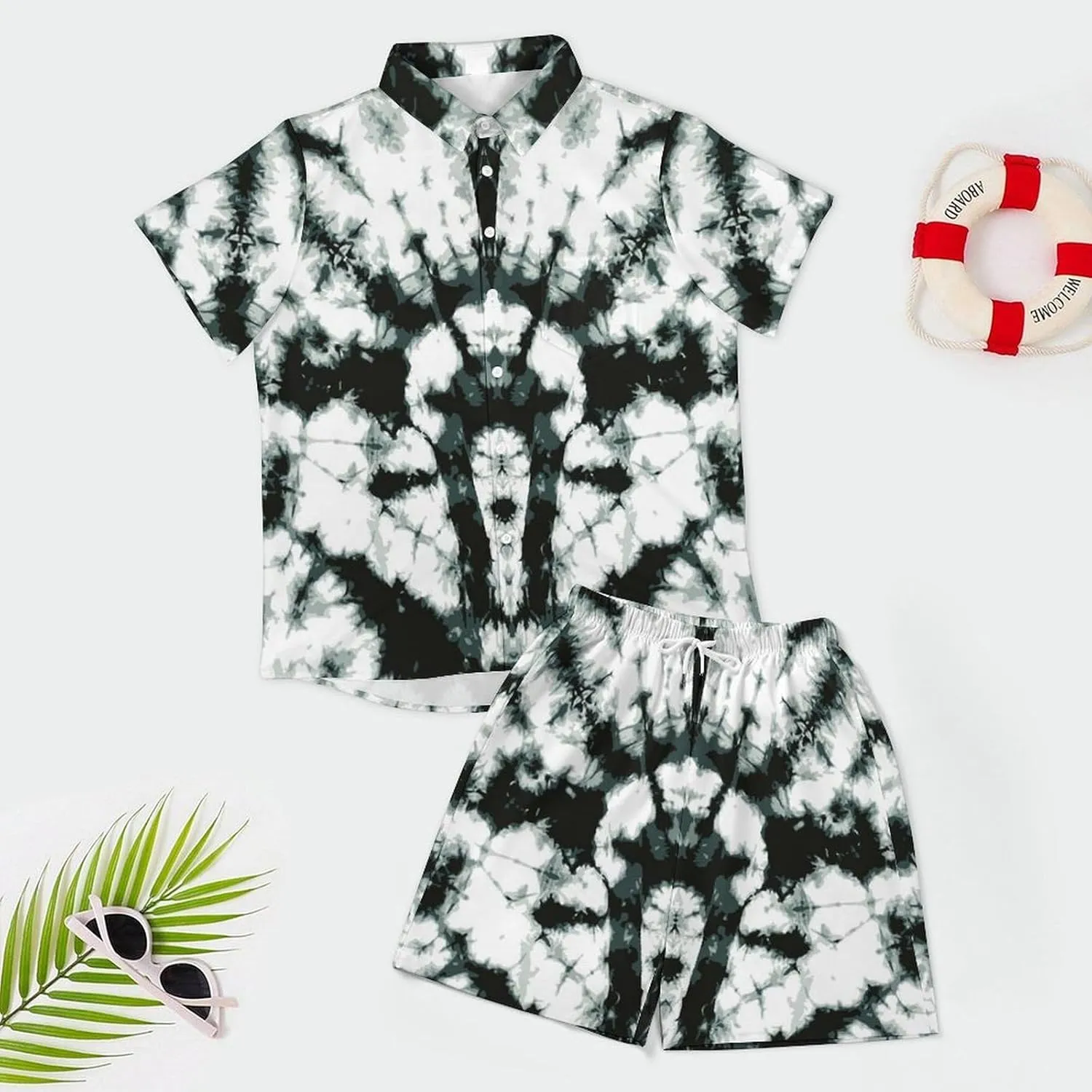 Black Gray Color Tie DyeMen's Two-piece Casual Short-sleeved Shirt Summer Loose Vacation Suit