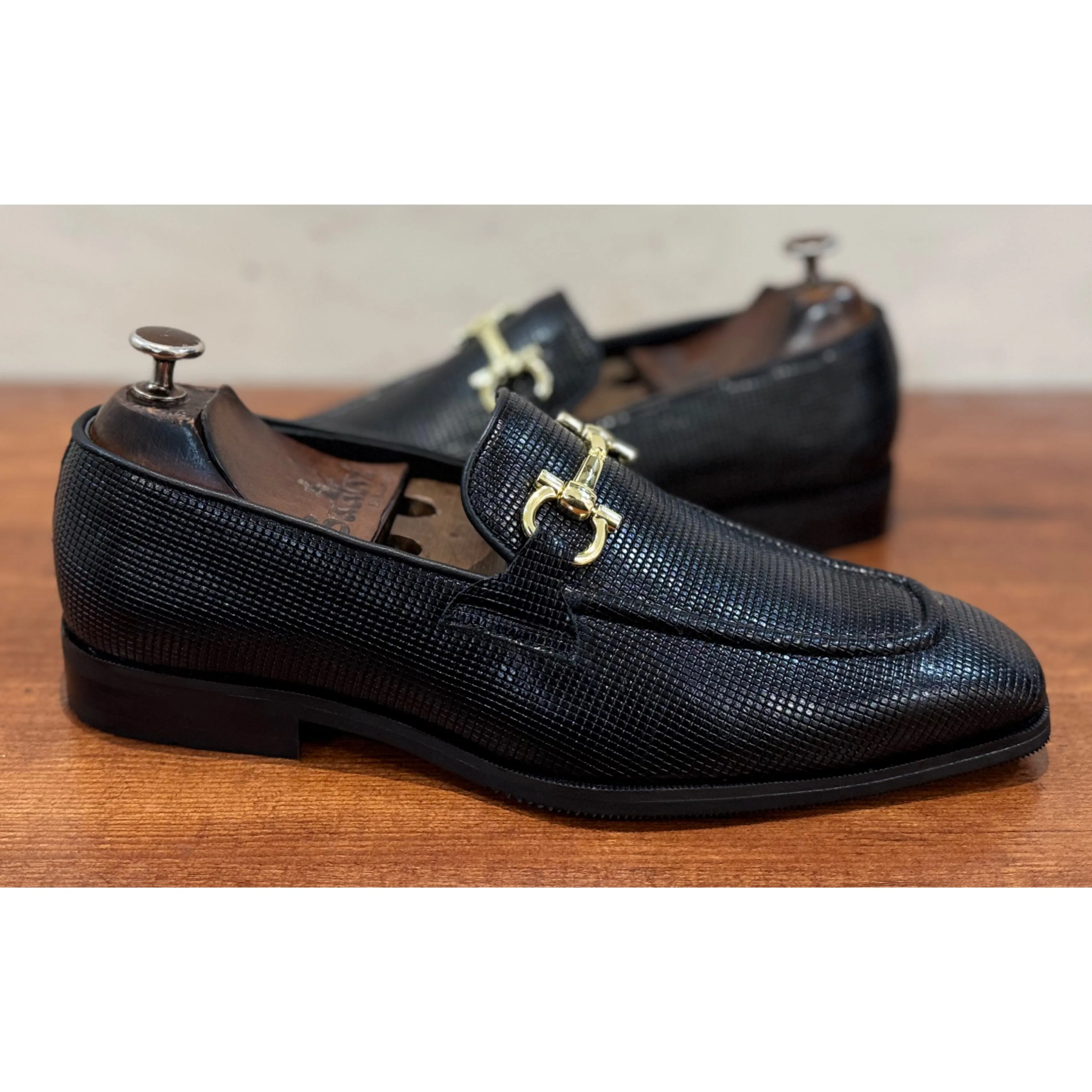 Black Loafers With Golden Buckle