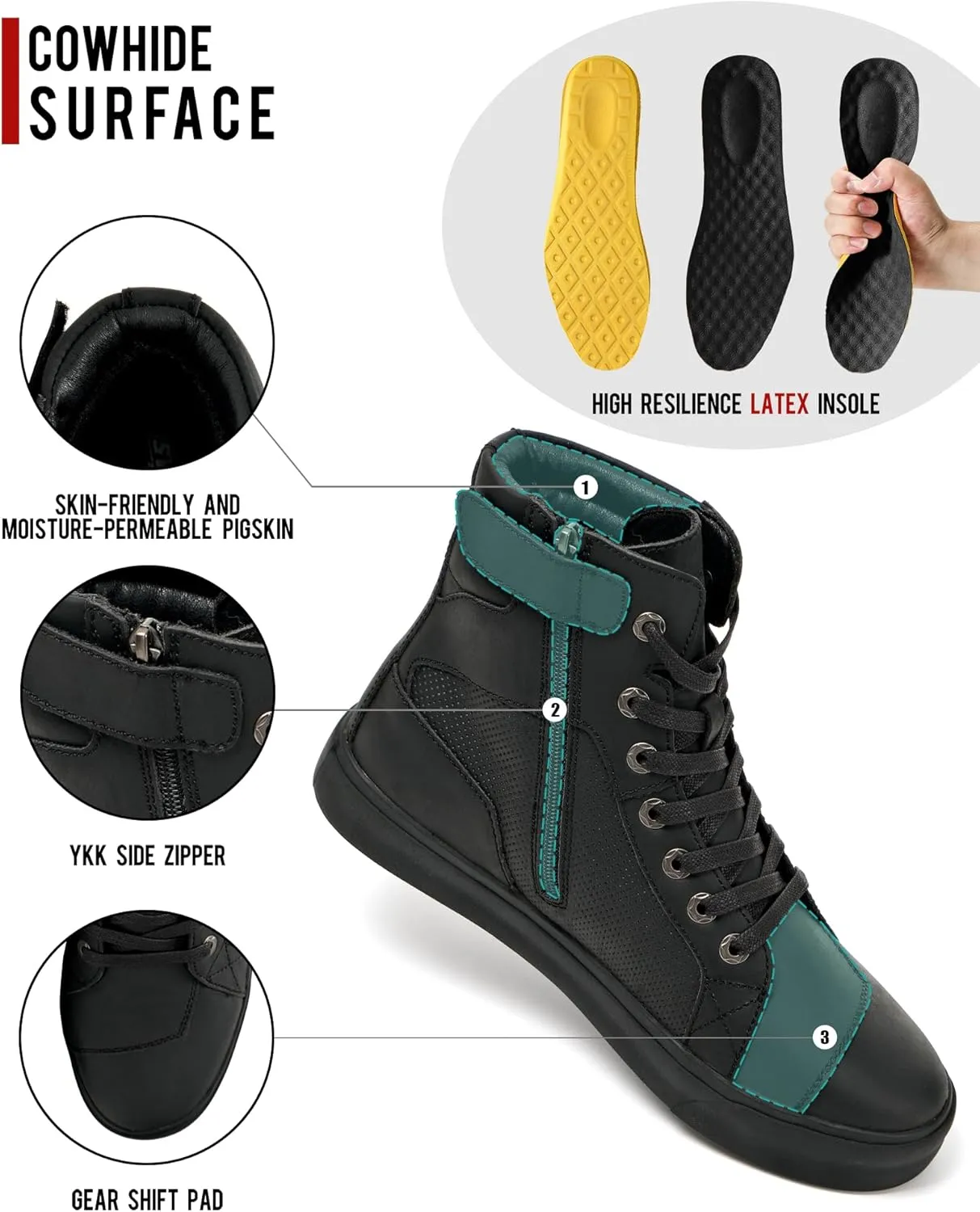 BORLEN Motorcycle Riding Shoes Cowhide Leather Breathable Casual Outdoor Street Motorcycle Boots for Men Black 9.5