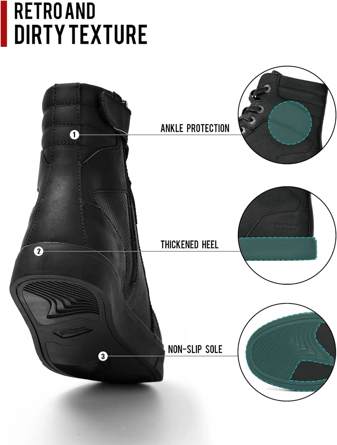 BORLEN Motorcycle Riding Shoes Cowhide Leather Breathable Casual Outdoor Street Motorcycle Boots for Men Black 9.5