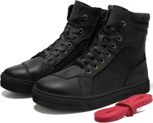 BORLEN Motorcycle Riding Shoes Cowhide Leather Breathable Casual Outdoor Street Motorcycle Boots for Men Black 9.5