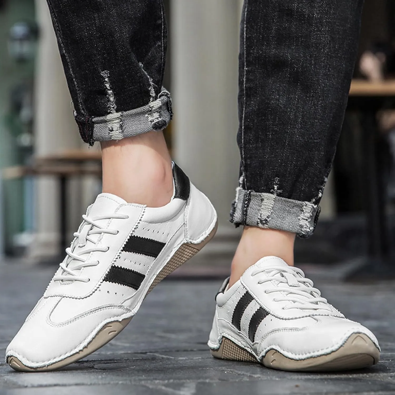 Boxpopla Men's Low-top Lace-up Casual Shoes White Black Non Slip Leather Retro Sneakers Lightweight Athletic Walking Running Shoes for Men