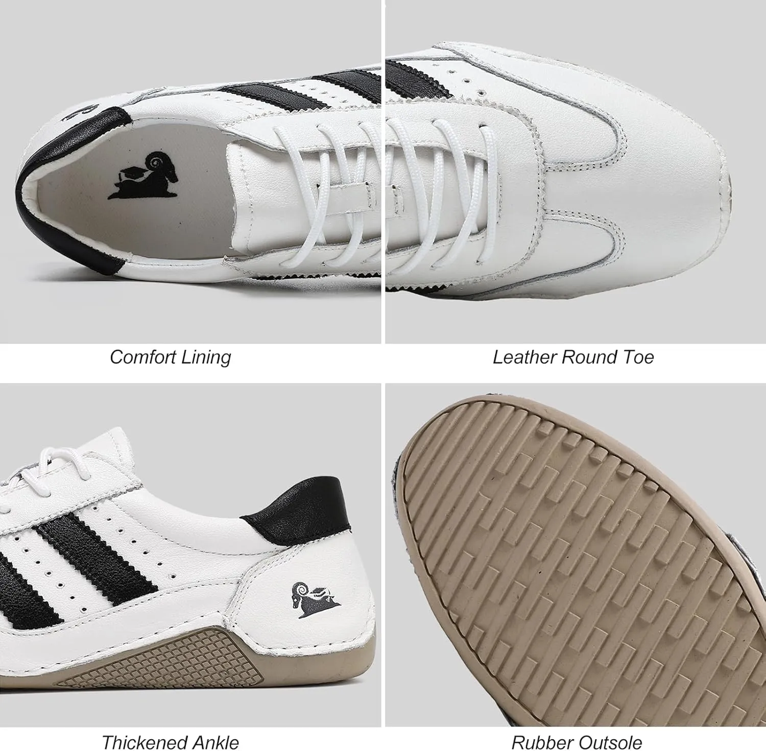 Boxpopla Men's Low-top Lace-up Casual Shoes White Black Non Slip Leather Retro Sneakers Lightweight Athletic Walking Running Shoes for Men