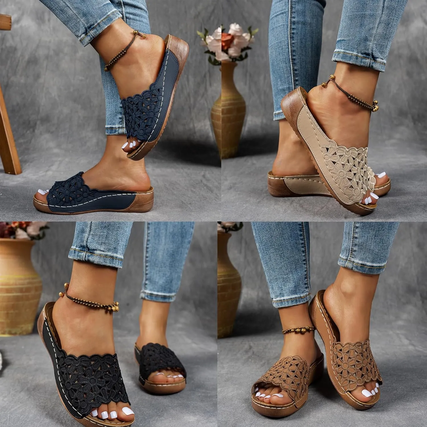 Breathable Orthopedic Open-Toe Slippers for Women with Soft Cushioning Arch Support, Summer Solid Color Lightweight Mesh Slip-On Non-Slip Flowers Open Toe Wedge Sandals