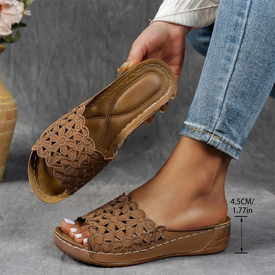 Breathable Orthopedic Open-Toe Slippers for Women with Soft Cushioning Arch Support, Summer Solid Color Lightweight Mesh Slip-On Non-Slip Flowers Open Toe Wedge Sandals