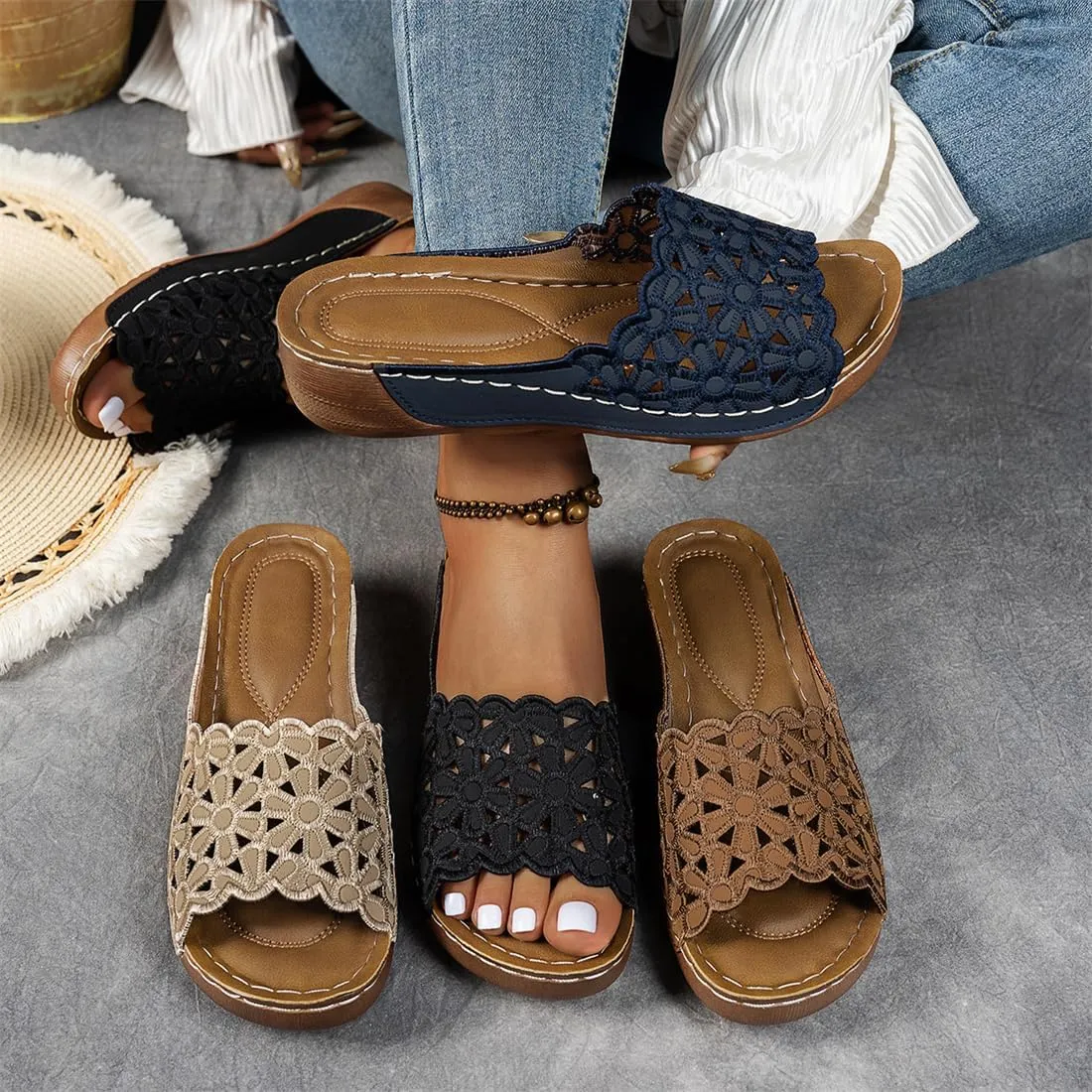 Breathable Orthopedic Open-Toe Slippers for Women with Soft Cushioning Arch Support, Summer Solid Color Lightweight Mesh Slip-On Non-Slip Flowers Open Toe Wedge Sandals