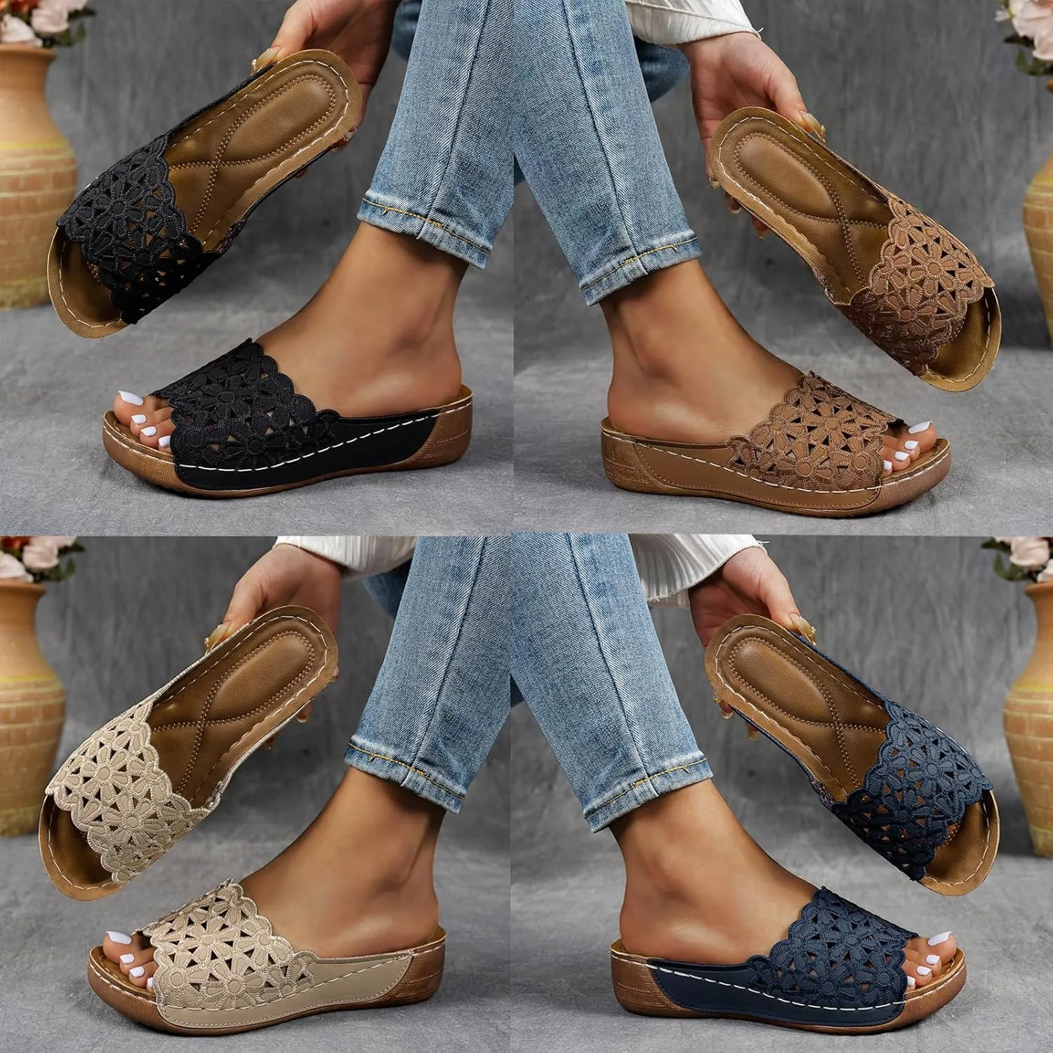 Breathable Orthopedic Open-Toe Slippers for Women with Soft Cushioning Arch Support, Summer Solid Color Lightweight Mesh Slip-On Non-Slip Flowers Open Toe Wedge Sandals