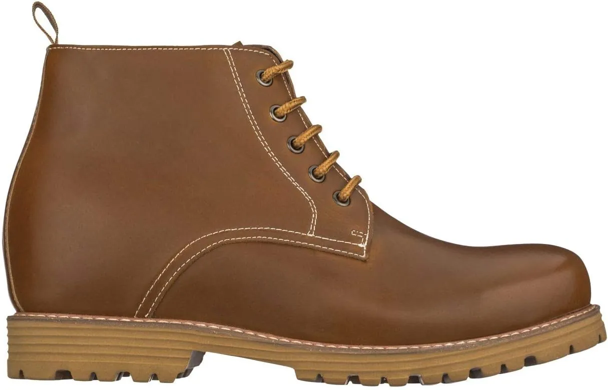 CALTO Men's Invisible Height Increasing Elevator Shoes - Brown Premium Leather Lace-up Round-toe Work Boots - 3.4 Inches Taller - S8751 - Size 10 D(M) US