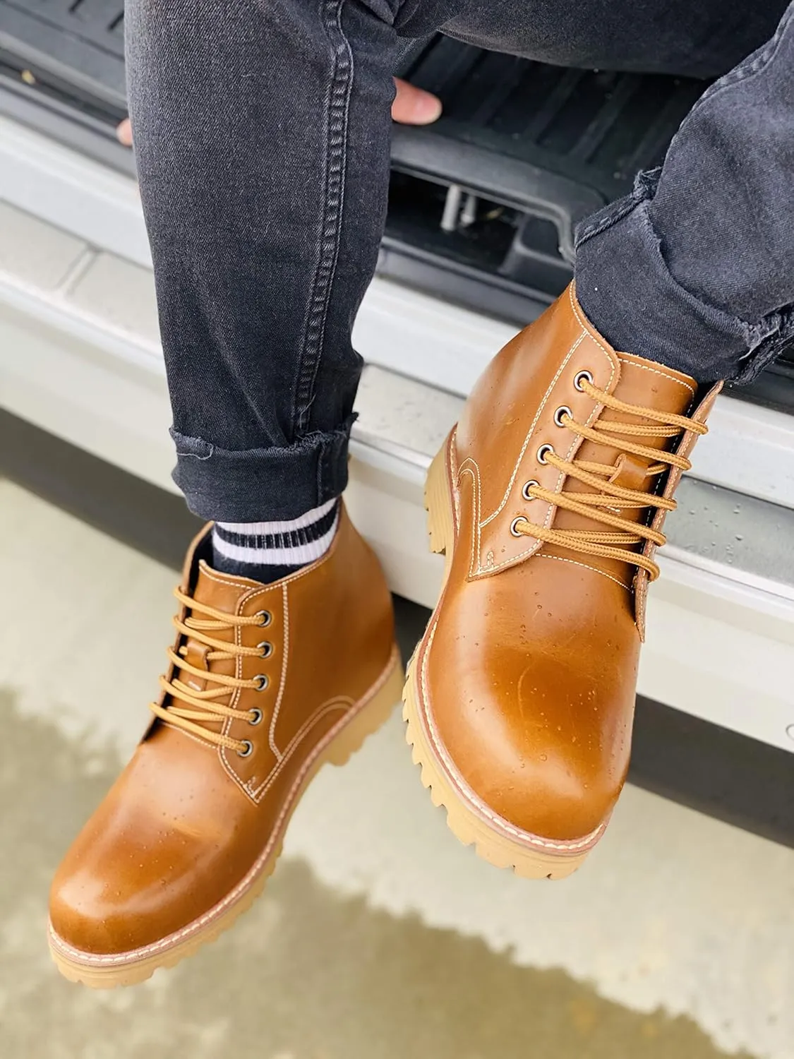CALTO Men's Invisible Height Increasing Elevator Shoes - Brown Premium Leather Lace-up Round-toe Work Boots - 3.4 Inches Taller - S8751 - Size 10 D(M) US
