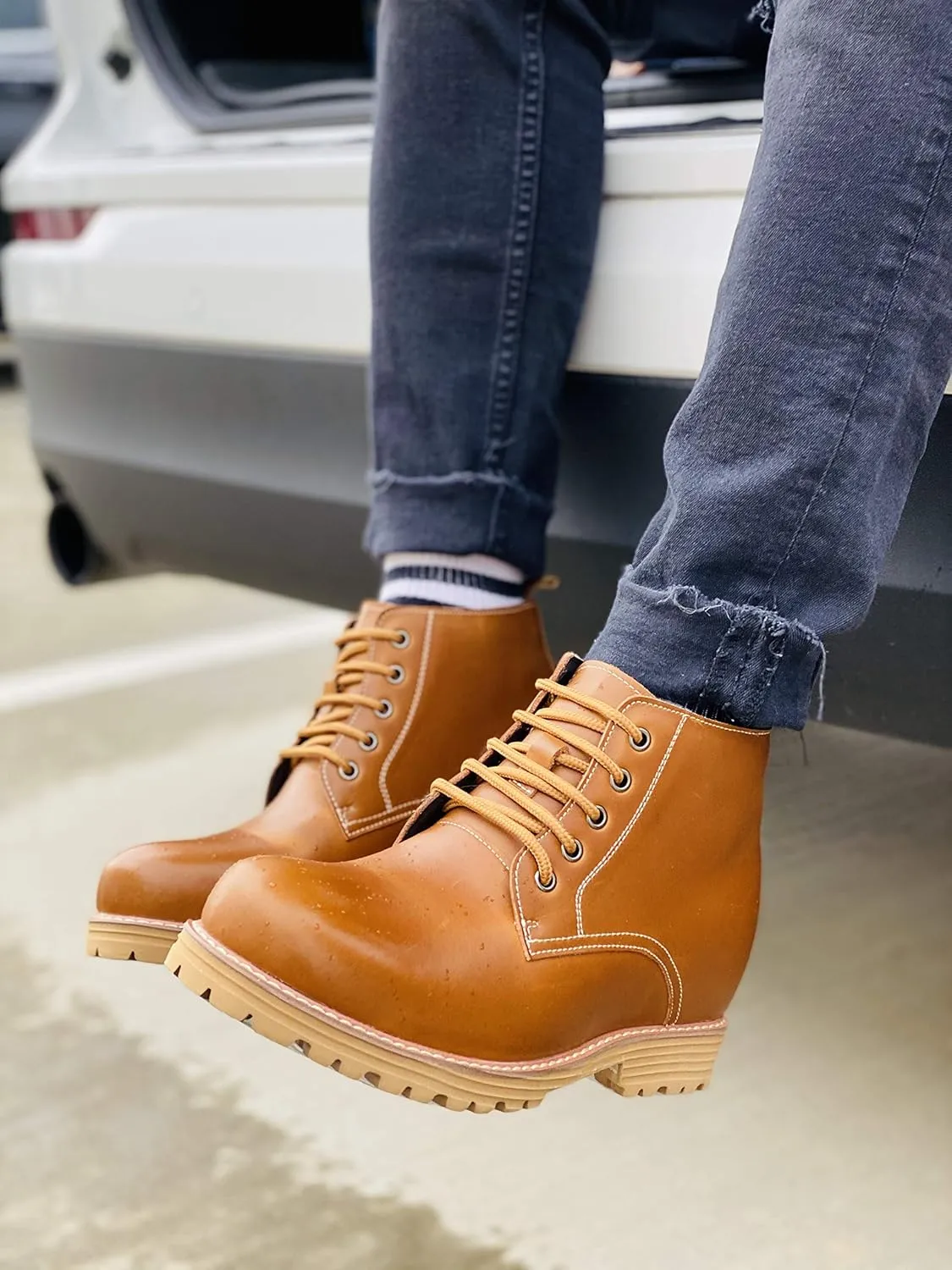 CALTO Men's Invisible Height Increasing Elevator Shoes - Brown Premium Leather Lace-up Round-toe Work Boots - 3.4 Inches Taller - S8751 - Size 10 D(M) US