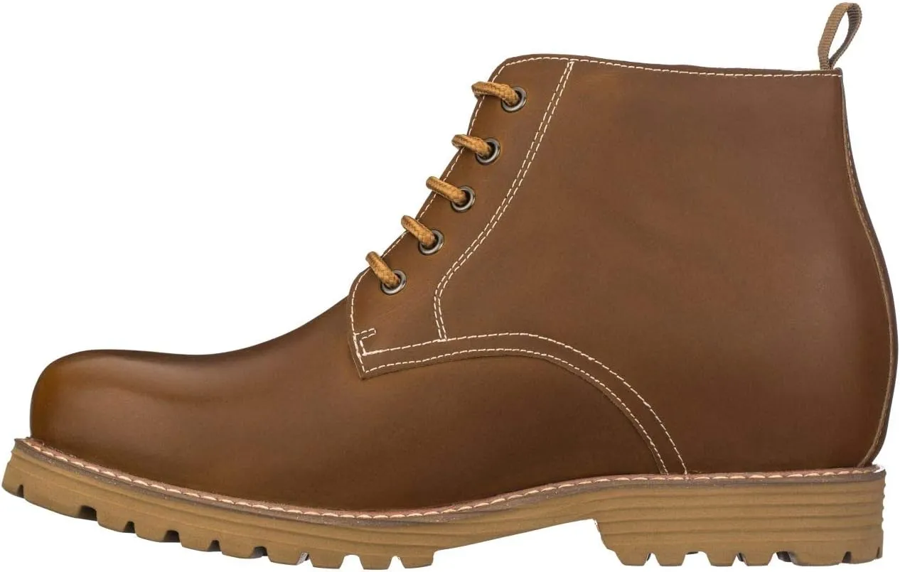 CALTO Men's Invisible Height Increasing Elevator Shoes - Brown Premium Leather Lace-up Round-toe Work Boots - 3.4 Inches Taller - S8751 - Size 10 D(M) US