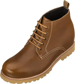 CALTO Men's Invisible Height Increasing Elevator Shoes - Brown Premium Leather Lace-up Round-toe Work Boots - 3.4 Inches Taller - S8751 - Size 10 D(M) US