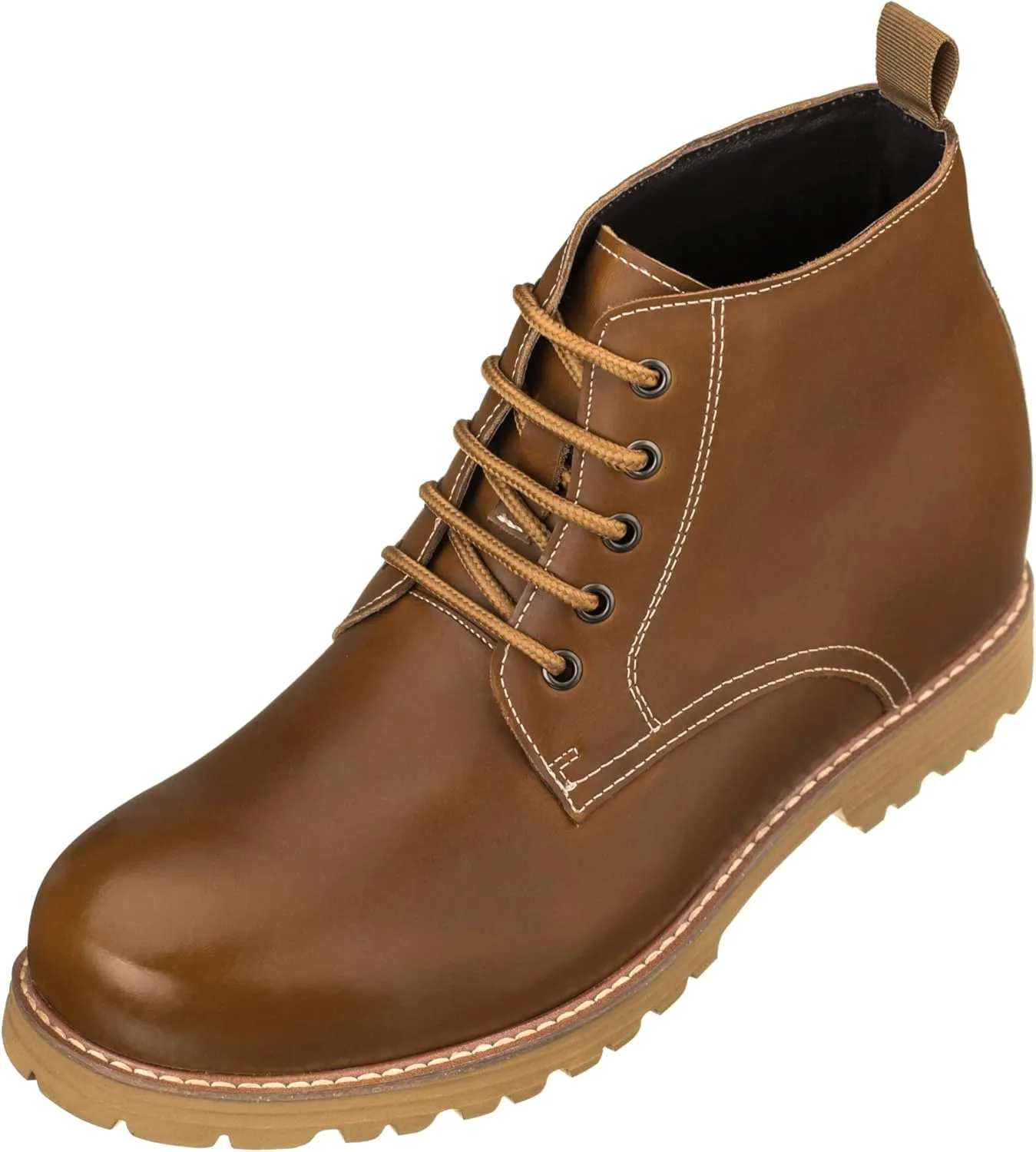 CALTO Men's Invisible Height Increasing Elevator Shoes - Brown Premium Leather Lace-up Round-toe Work Boots - 3.4 Inches Taller - S8751 - Size 10 D(M) US