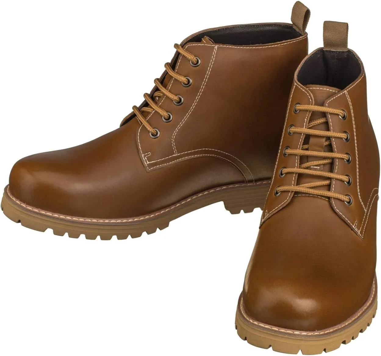 CALTO Men's Invisible Height Increasing Elevator Shoes - Brown Premium Leather Lace-up Round-toe Work Boots - 3.4 Inches Taller - S8751 - Size 10 D(M) US