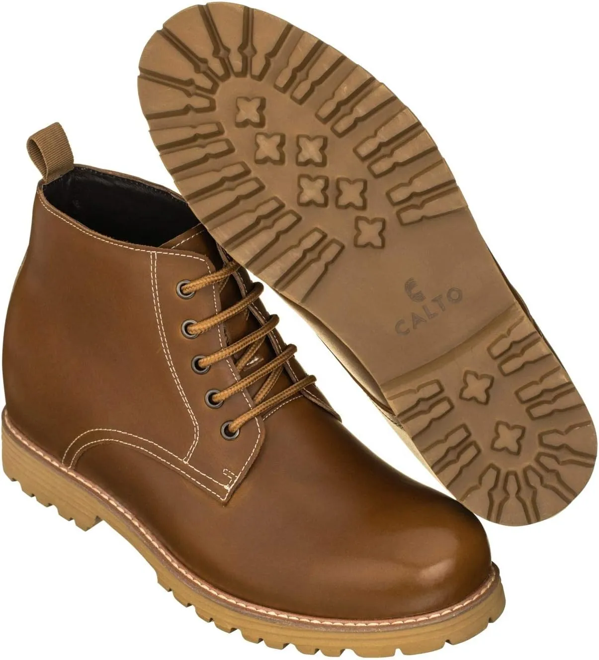 CALTO Men's Invisible Height Increasing Elevator Shoes - Brown Premium Leather Lace-up Round-toe Work Boots - 3.4 Inches Taller - S8751 - Size 10 D(M) US