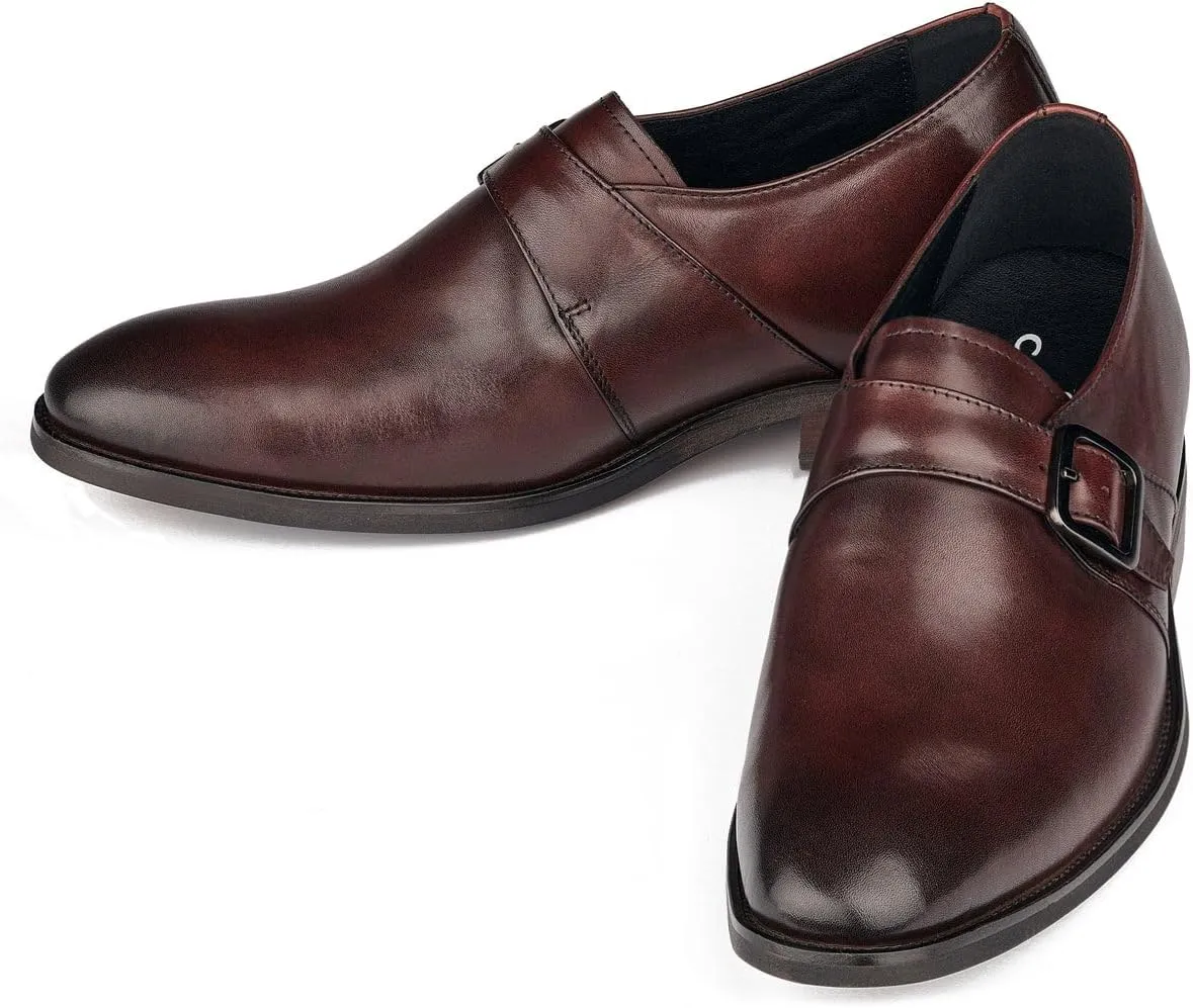 CALTO Men's Invisible Height Increasing Elevator Shoes - Cordovan Dark Brown Leather Slip-on Monk-Strap Dress Loafers - 2.8 Inches Taller - Y7256 - Size 7.5 D(M) US