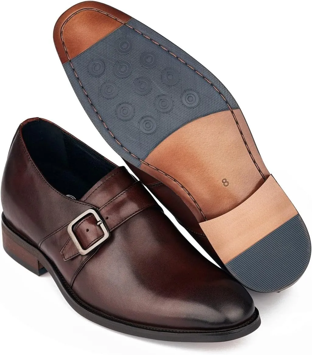 CALTO Men's Invisible Height Increasing Elevator Shoes - Cordovan Dark Brown Leather Slip-on Monk-Strap Dress Loafers - 2.8 Inches Taller - Y7256 - Size 7.5 D(M) US