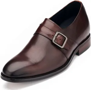 CALTO Men's Invisible Height Increasing Elevator Shoes - Cordovan Dark Brown Leather Slip-on Monk-Strap Dress Loafers - 2.8 Inches Taller - Y7256 - Size 7.5 D(M) US