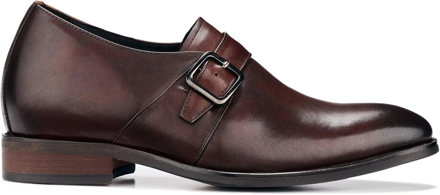 CALTO Men's Invisible Height Increasing Elevator Shoes - Cordovan Dark Brown Leather Slip-on Monk-Strap Dress Loafers - 2.8 Inches Taller - Y7256 - Size 7.5 D(M) US