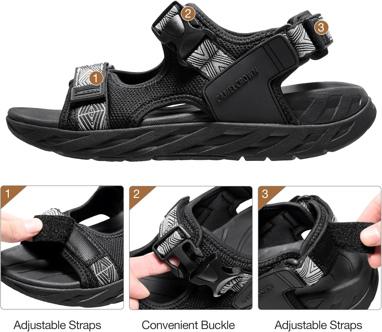 CAMEL CROWN Hiking Sandals for Men with Adjustable Strap Man Walking Sandal Arch Support Sports Sandals Breathable Mesh Beach Sandal