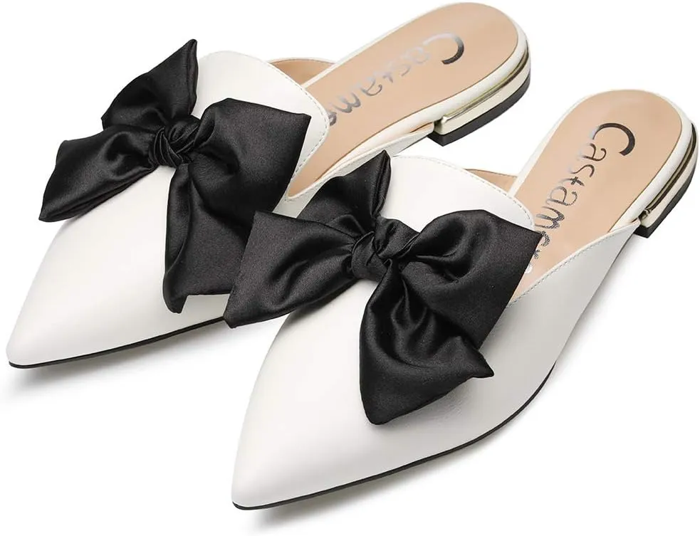 Castamere Womens Pointed Toe Bow-Knot Mules Slip On Velvet Slippers Casual Comfortable Flats