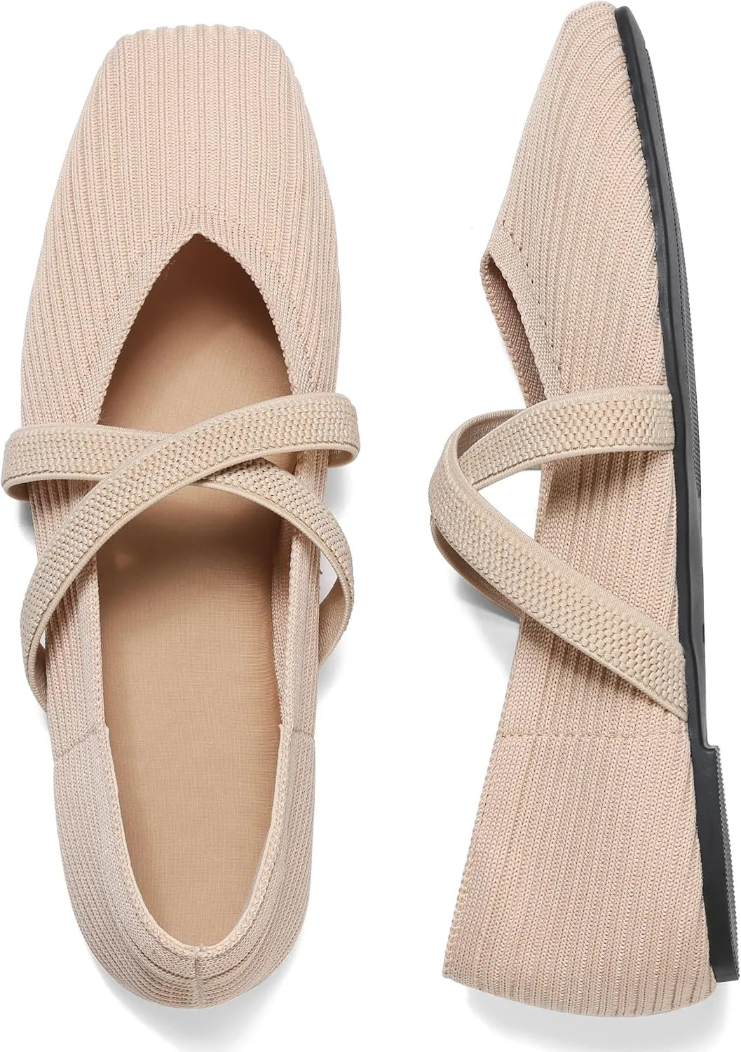 CELNEPHO Flats for Women Square Toe Ballet Flats Cross Strap Comfortable Arch Support Dressy Knit Flats for Women Mary Jane Flats Slip On Washable Casual Office Shoes