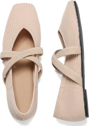 CELNEPHO Flats for Women Square Toe Ballet Flats Cross Strap Comfortable Arch Support Dressy Knit Flats for Women Mary Jane Flats Slip On Washable Casual Office Shoes