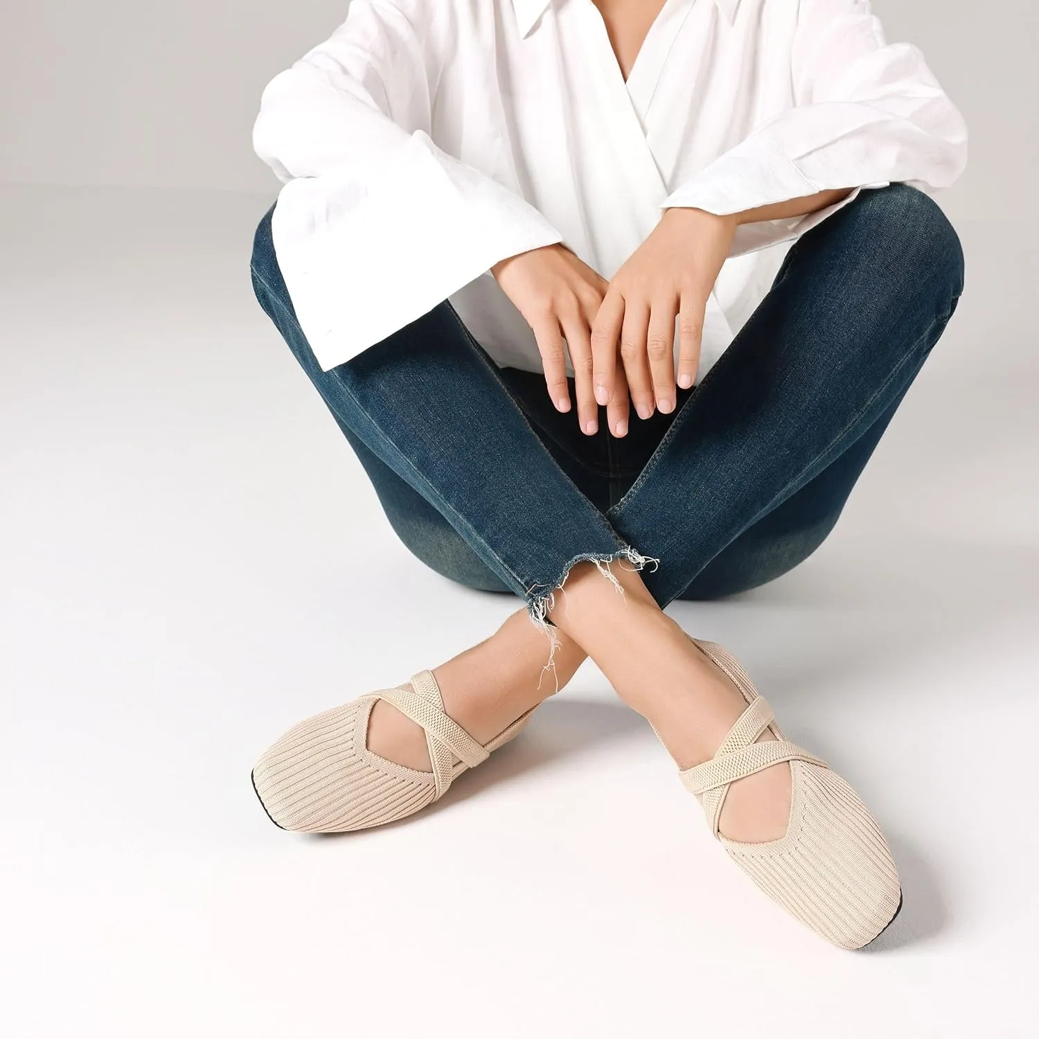 CELNEPHO Flats for Women Square Toe Ballet Flats Cross Strap Comfortable Arch Support Dressy Knit Flats for Women Mary Jane Flats Slip On Washable Casual Office Shoes